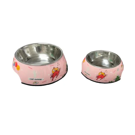 Plato mascota perros y gatos con bowl metalico talla S color rosa
