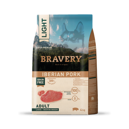 Alimento Light Cerdo ibérico Adulto razas medianas y grandes 4 kg Bravery light iberian pork adult large/medium breeds