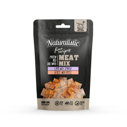 Snack mezcla de cordero con espinaca y vacuno con manzana Naturalistic meatmix lamb w/ spinach & beef w/ apple 100 gr